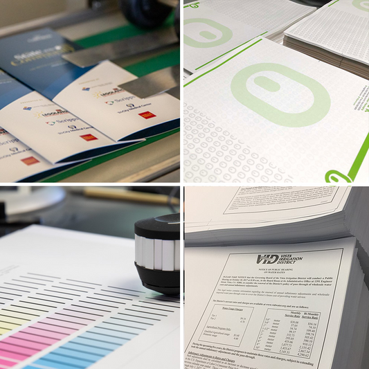 A collection of custom printed paper products including pamphlets, forms, and information sheets.