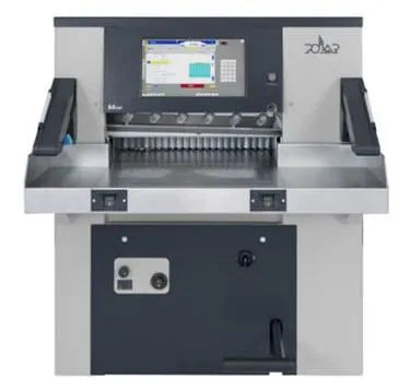 Polar Mohr 78X hydraulic paper cutter used in commercial print shops for precise trimming and cutting of stacked paper, cardstock, and print production materials with high accuracy and safety features.