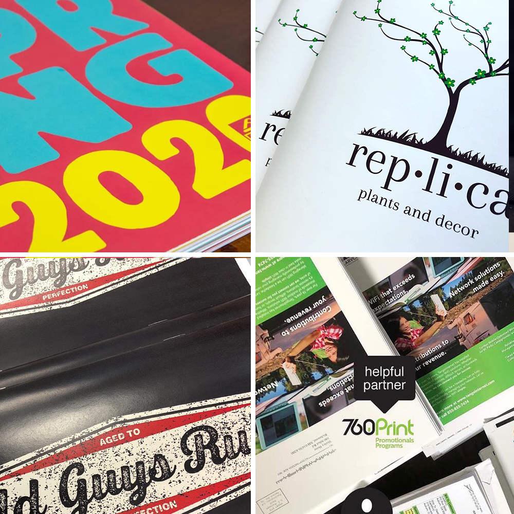 A collection of custom printed posters, booklets, window graphics, and catalogs.