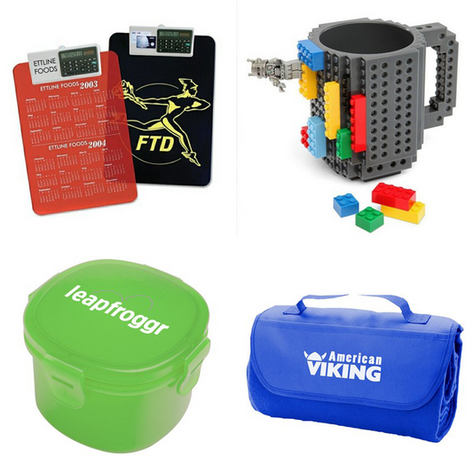 A collection of various promotional products including a Lego mug, clipboard, bag, packaging. 