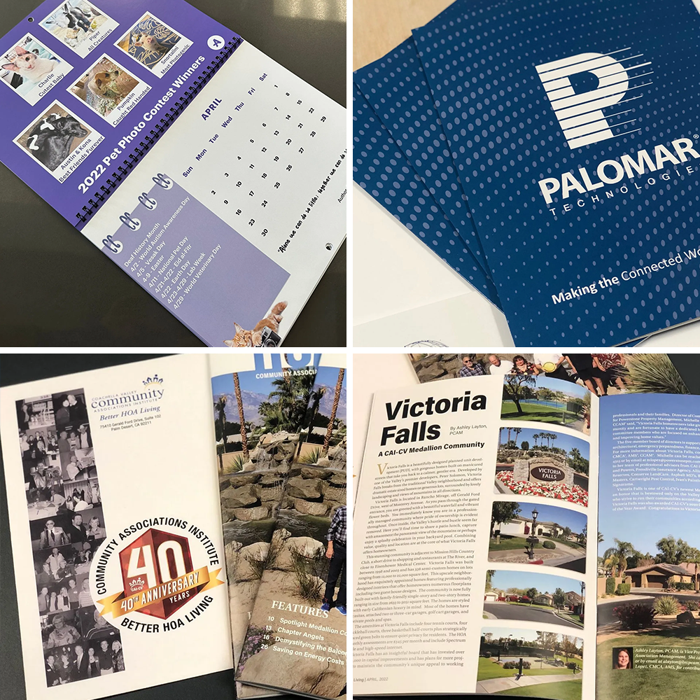 Collage of custom business booklets and promotional information.