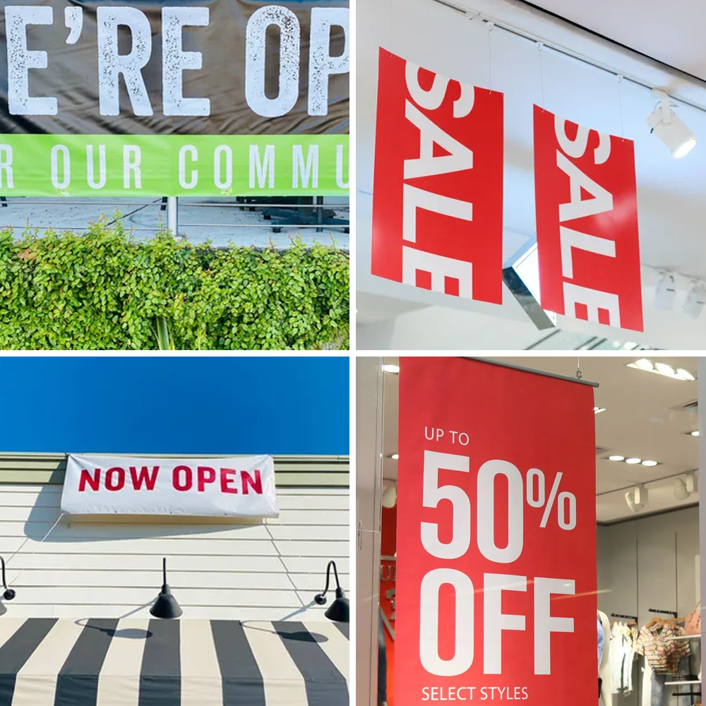 Examples of custom business promotional signage featuring outdoor 'Now Open' banners and retail store window discount signs.