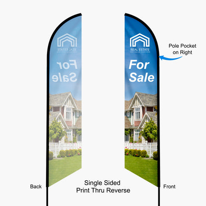 Custom single-sided real estate feather flags by 760 Print in Vista, featuring a "For Sale" house graphic printed through to a visible reverse side.