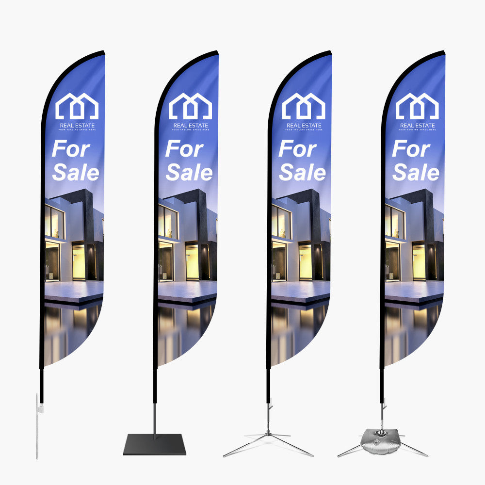 Four blue custom real estate feather angled flags by 760 Print in Vista, showcasing different outdoor and indoor base options including ground stakes and cross bases.