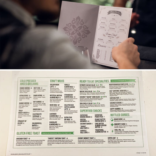 A menu with various food items listed, including gluten free toasts, craft milks, and ready to eat salads. The menu is presented on a table with a person holding it.