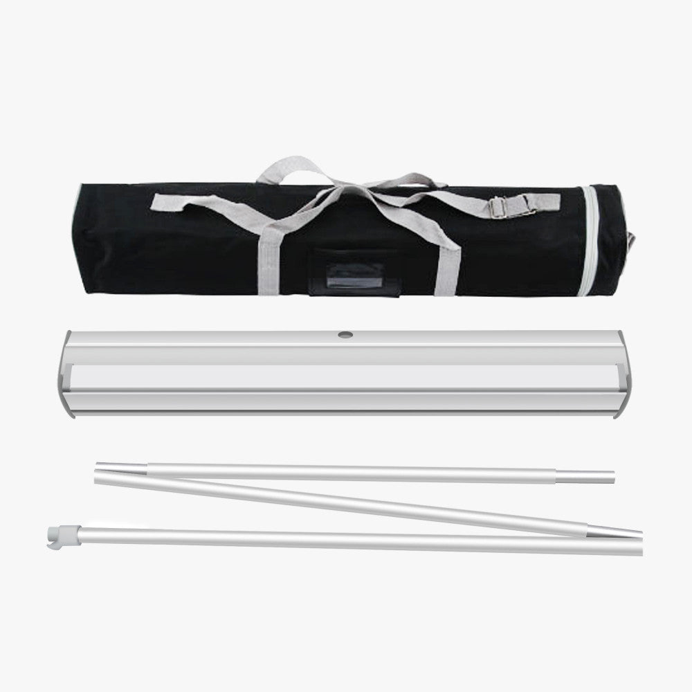 Silver aluminum retractable banner stand base with collapsible support poles and a black canvas carrying bag, available at 760 Print in San Diego.