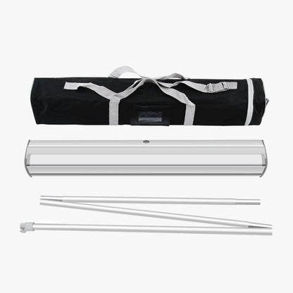 Silver aluminum retractable banner stand base with collapsible support poles and a black canvas carrying bag, available at 760 Print in San Diego.