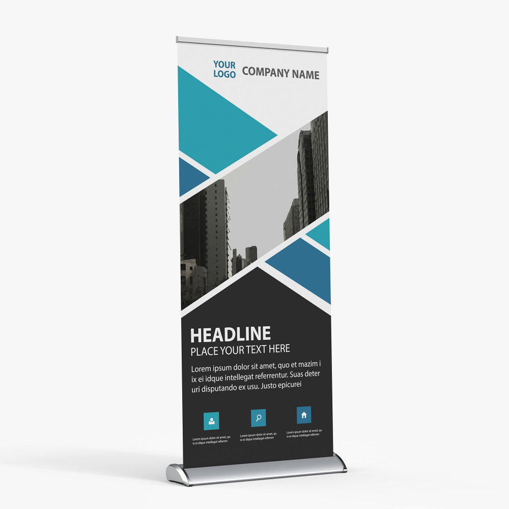 A custom printed retractable banner stand featuring a modern teal and apartment complex skyline design, printed by 760 Print in San Diego.