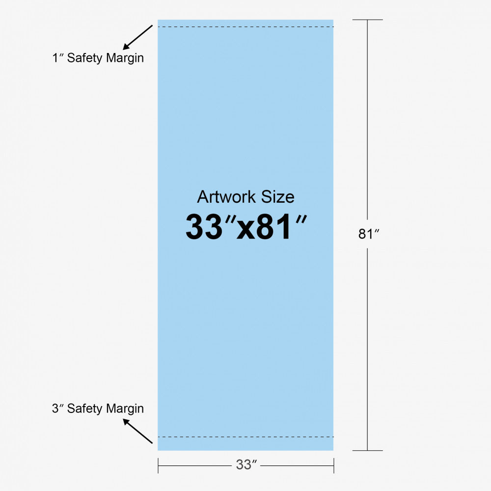 Measurement chart for artwork size with safety margins on a white background.