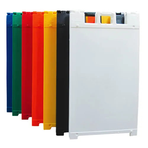A set of seven different plasticade signs in varying colors to demonstrate the variability of the sign hardware.  