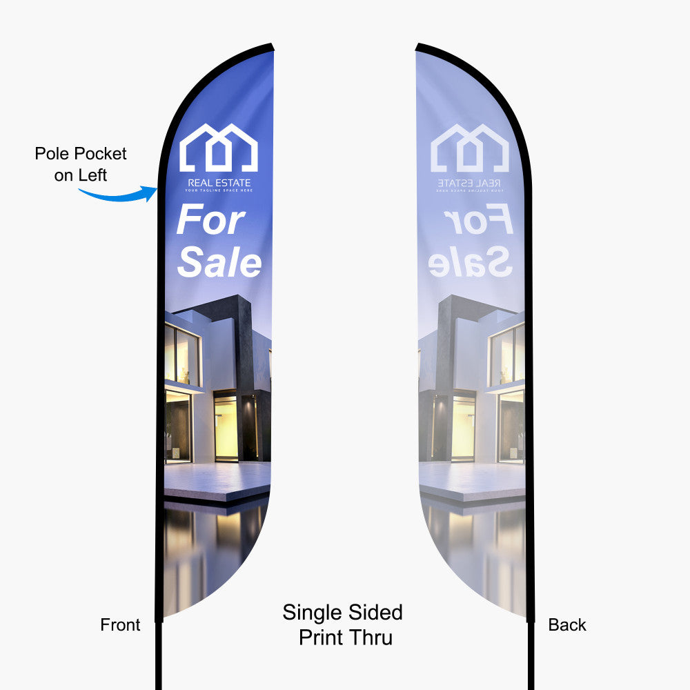 Custom printed real estate feather angled flag by 760 Print, featuring a pole pocket on the left and a "For Sale" house design.
