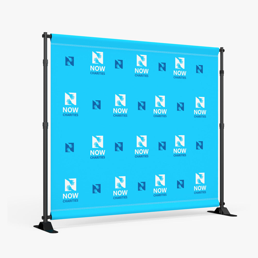 Custom printed blue step and repeat backdrop on an adjustable frame for NOW Charities by 760 Print in Vista