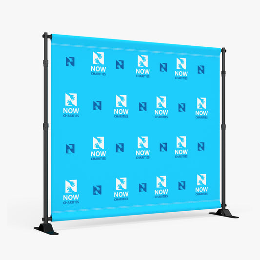 Custom printed blue step and repeat backdrop on an adjustable frame for NOW Charities by 760 Print in Vista