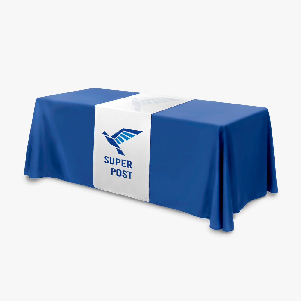Custom printed two-tone white and blue table runner featuring "Super Post" branding and logo on a standard display table, perfect for corporate events and trade shows, produced by 760 Print in Vista.