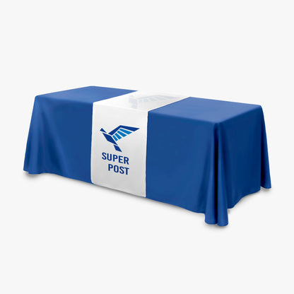 Custom printed two-tone white and blue table runner featuring "Super Post" branding and logo on a standard display table, perfect for corporate events and trade shows, produced by 760 Print in Vista.