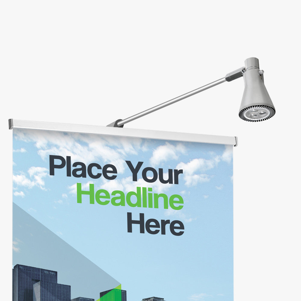 A clip-on LED lighting attachment for a retractable banner display, ideal for improving the visibility of San Diego apartment complex leasing office advertisements.