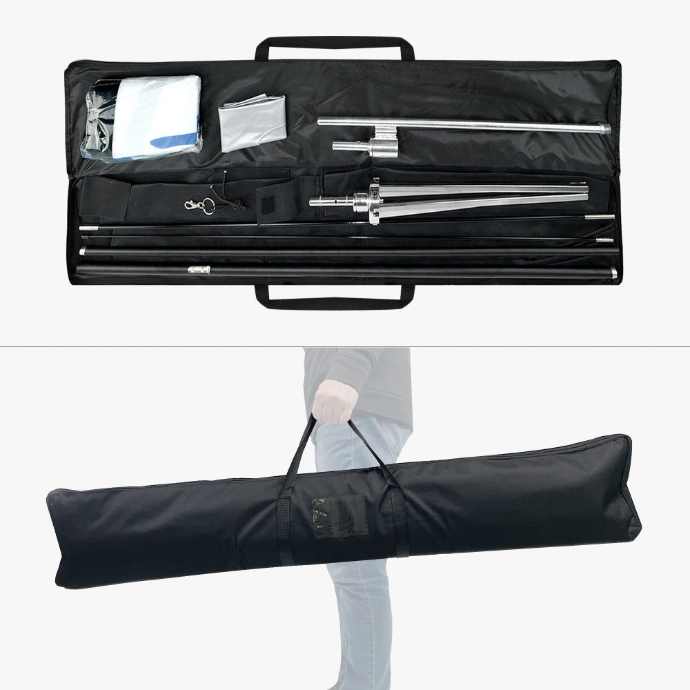 Black carrying case with the deluxe retractable banner installed on the roll,  and provded accessories, and a person holding the extended case.