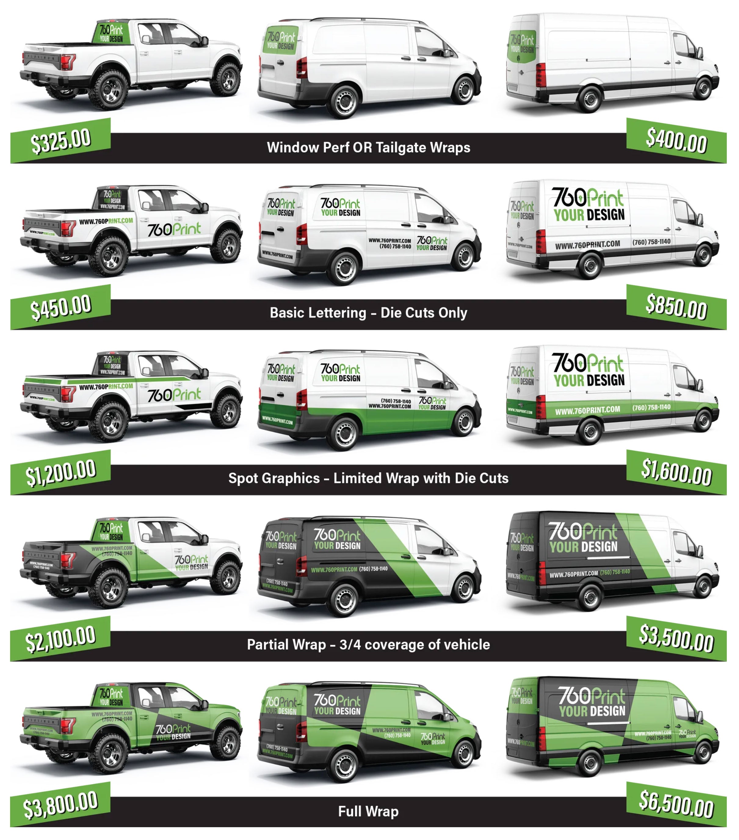 Comparison of pricing between vinyl wraps on different sizes of vehicles and the amount of coverage.