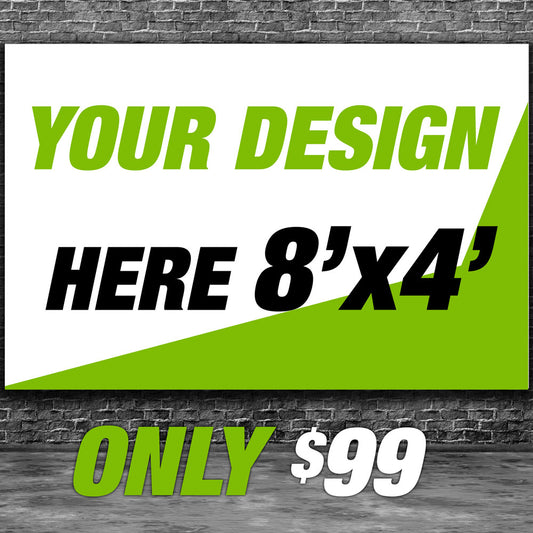 Promotional banner for customizable design with dimensions 8'x4' and price $99 against a brick wall background.