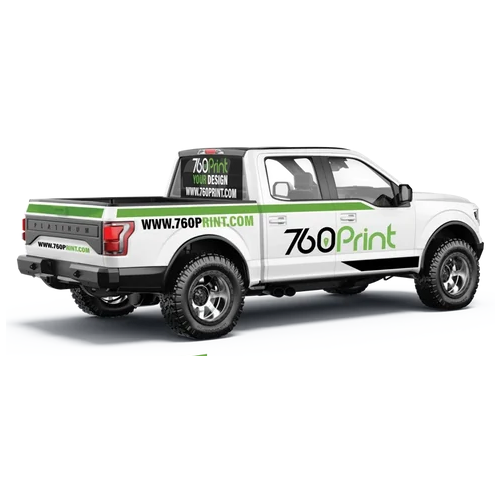 White pickup truck featuring commercial vehicle wrap, side bed lettering, and a perforated rear window graphic manufactured by 760 Print.