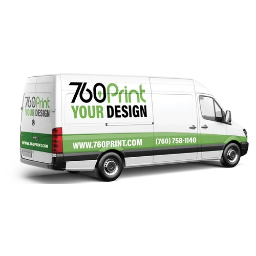 White sprinter van featuring commercial vehicle wrap, side bed lettering, and a perforated rear window graphic manufactured by 760 Print.
