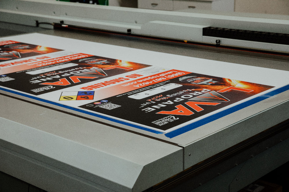 Custom wide format print of Lava propane sign that shows contact information and safety rating. 