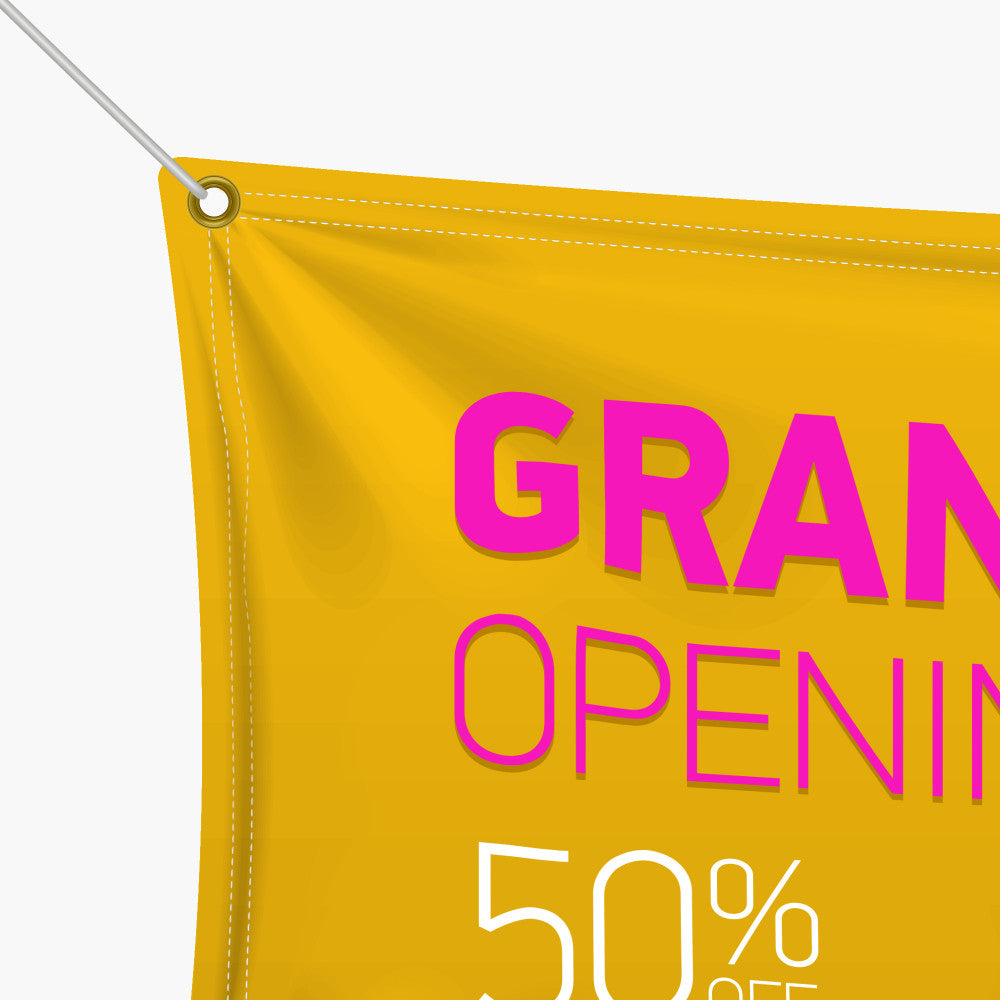 Custom yellow grand opening tension fabric banner with reinforced grommets for promotional events by 760 Print in Vista.
